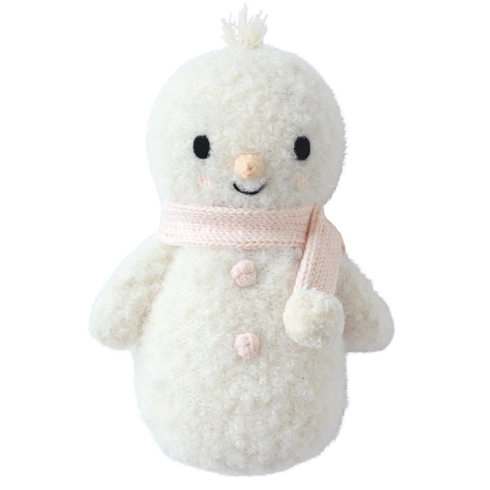 Front view of Cuddle + Kind Baby Snowman in Blush Pink with embroidered smile, pink scarf, and buttons.
