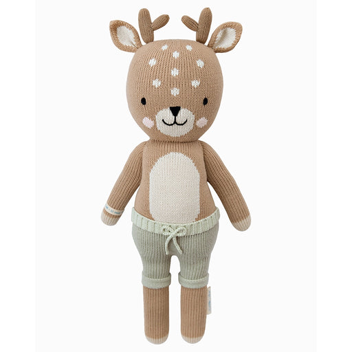 Front view of Cuddle + Kind Elliott the Fawn, hand-knit deer doll with white belly, antlers, and embroidered smile.