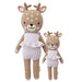 Two knitted deer dolls, one large and one small, both dressed in lavender rompers with ruffled waists, placed side by side.