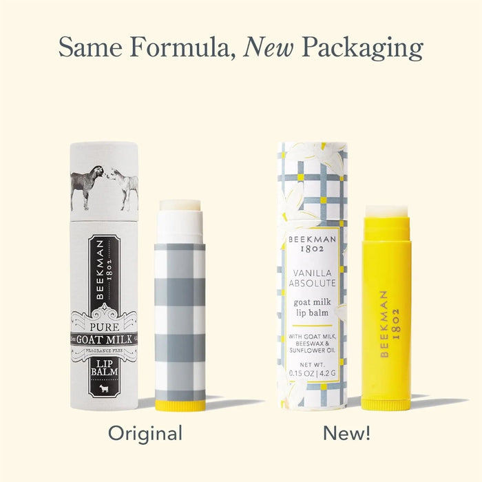 Beekman 1802 lip balm packaging comparison on a light beige background