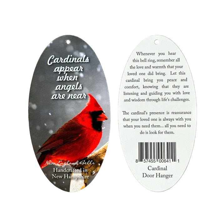Cardinal door hanger with text and New England Bells branding on a black background