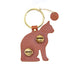 Brown leather cat-shaped keychain with gold accents on a white background