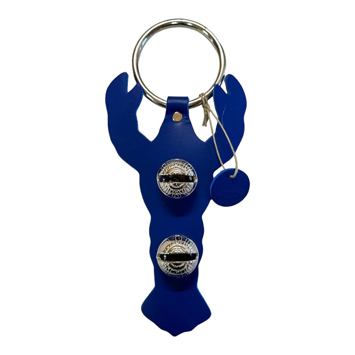 Blue lobster-shaped keychain with two silver buttons on a white background