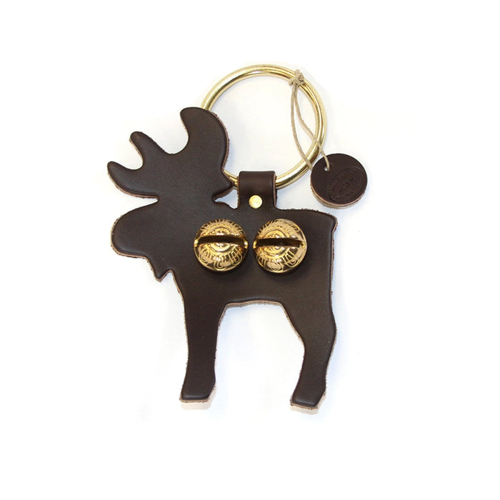 Brown moose-shaped keychain with gold accents on a white background