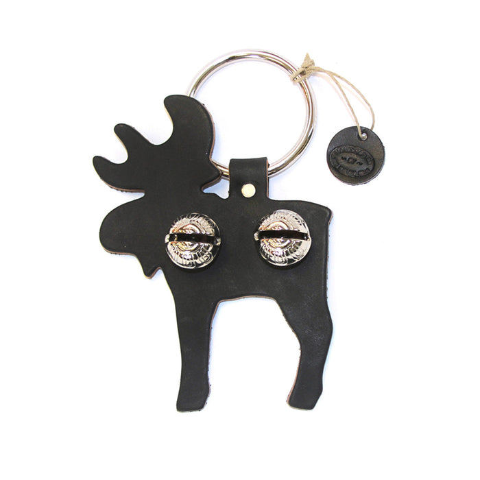 Black moose-shaped keychain with gold accents on a white background