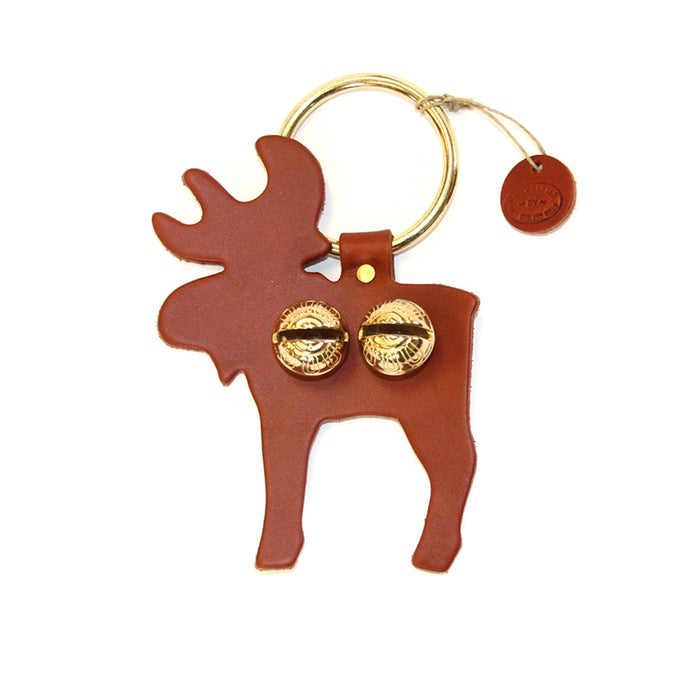Brown reindeer-shaped keychain with gold bells on a white background