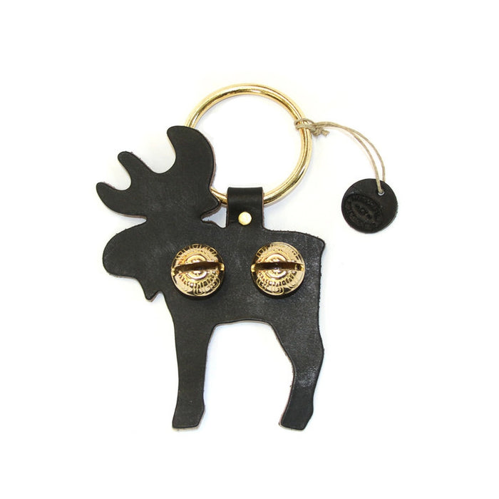 Black moose-shaped keychain with gold accents on a white background