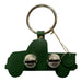 Green keychain with silver buttons on a white background