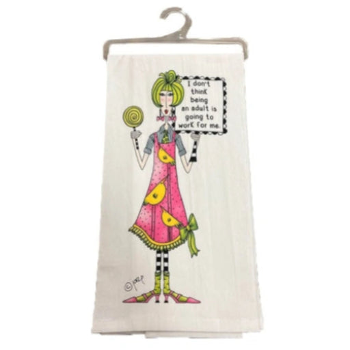 I Think Being An Adult funny kitchen towel with humorous statement design