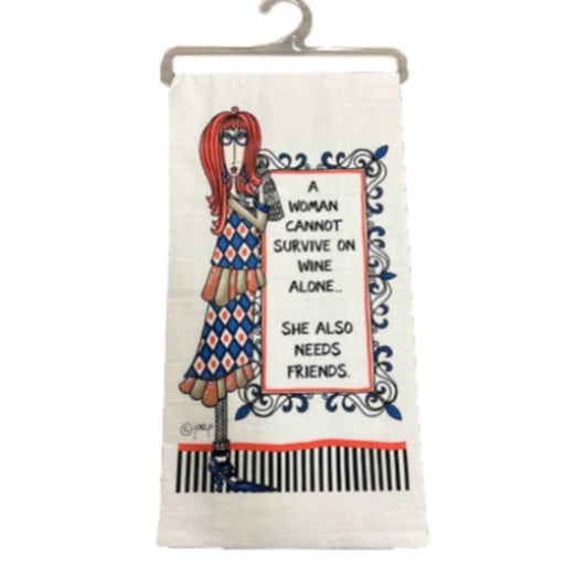 A Woman Cannot Survive On Wine Alone.” featuring a humorous saying designed for wine lovers and fun home décor.