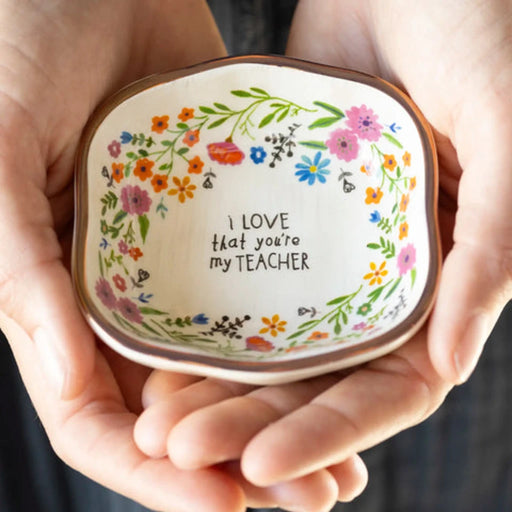 Ceramic dish with the phrase "I love my teacher" in colorful letters, showcasing appreciation for educators.
