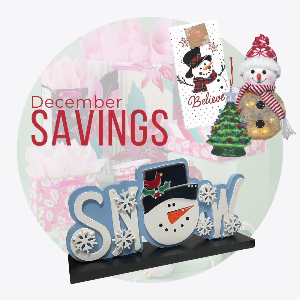 Decorative sign with 'December Savings Snow' text and Christmas-themed elements on a white background.