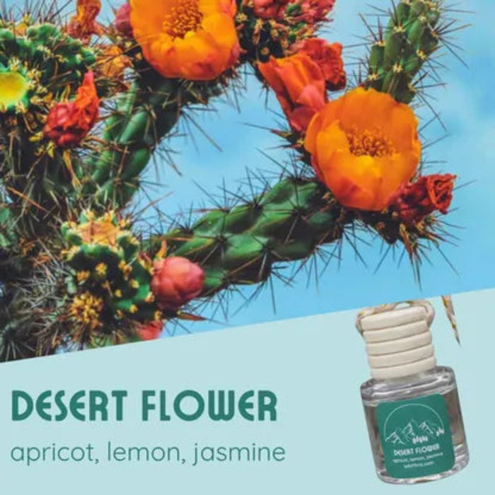 Cactus with orange flowers and a bottle labeled 'Desert Flower' on a blue background