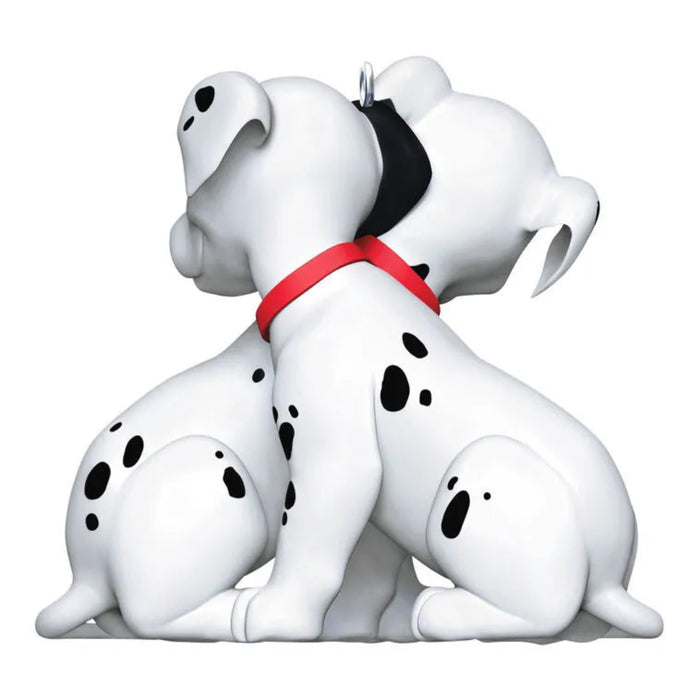 Two cartoon dogs hugging with a red collar on a white background