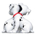 Two cartoon dogs hugging with a red collar on a white background