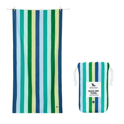 Dock & Bay Color Canyon quick dry beach towel in vertical green, blue, and yellow stripes with matching recycled drawstring pouch
