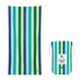 Dock & Bay Color Canyon quick dry beach towel in vertical green, blue, and yellow stripes with matching recycled drawstring pouch