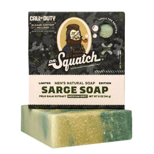Dr. Squatch x Call of Duty Sarge Bar Soap packaging and bar — limited-edition men’s soap featuring Sarge character art and green-and-gold marbled soap bar.
