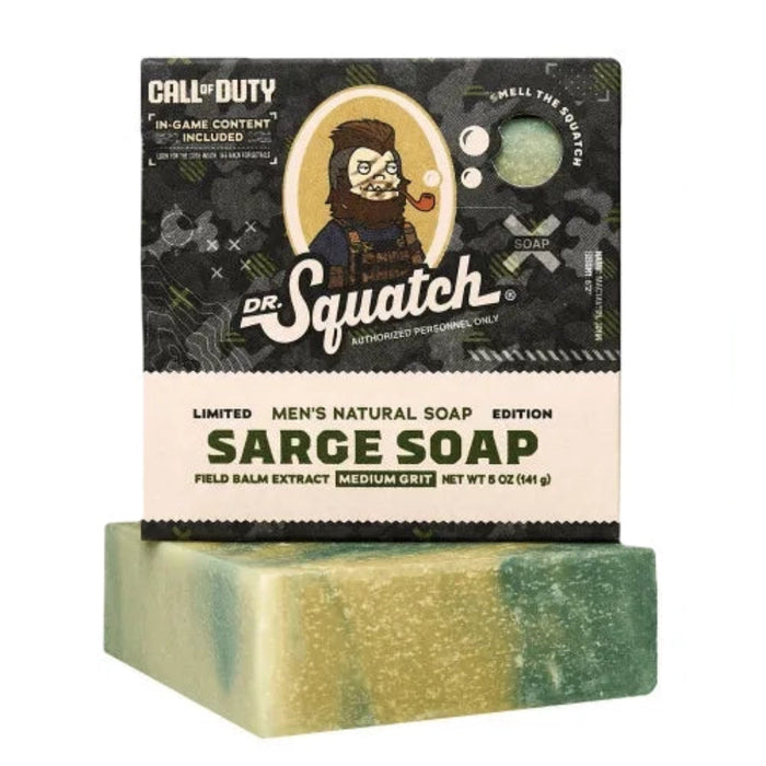Dr. Squatch x Call of Duty Sarge Bar Soap packaging and bar — limited-edition men’s soap featuring Sarge character art and green-and-gold marbled soap bar.