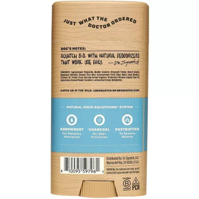 Back label of a natural deodorant stick with text and branding on a white background