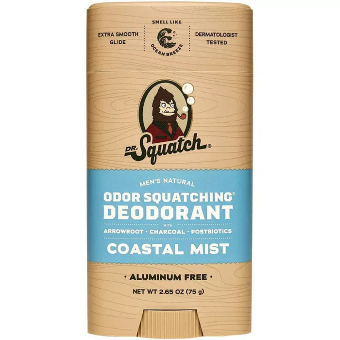 Dr. Squatch deodorant stick with coastal mist scent on a beige background