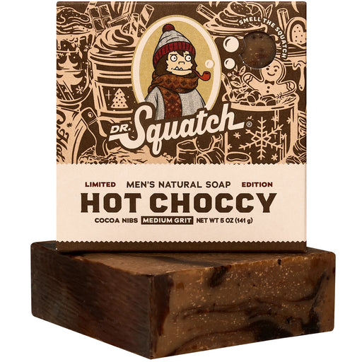 Dr. Squatch Hot Choccy Bar Soap packaging and bar — limited-edition men’s natural soap with cocoa nibs and a warm chocolate scent.