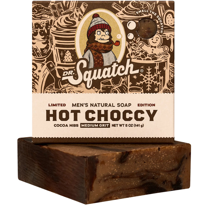 Dr. Squatch Hot Choccy Bar Soap packaging and bar — limited-edition men’s natural soap with cocoa nibs and a warm chocolate scent.