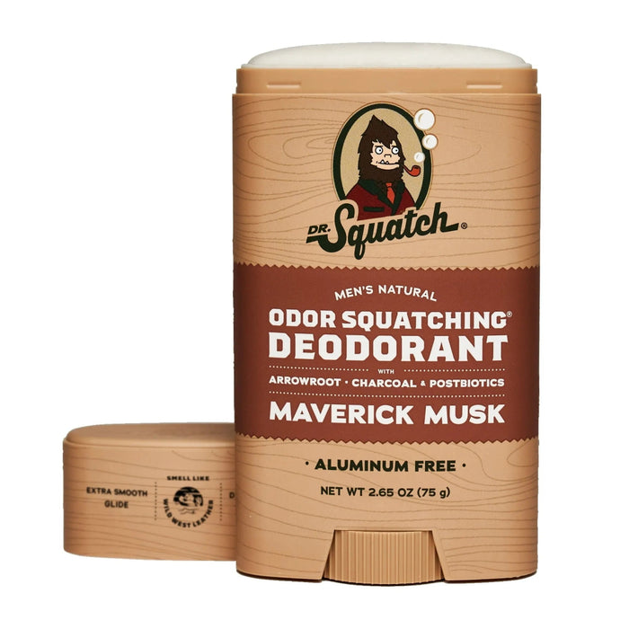 Maverick Musk deodorant with lid off, showing smooth stick texture.