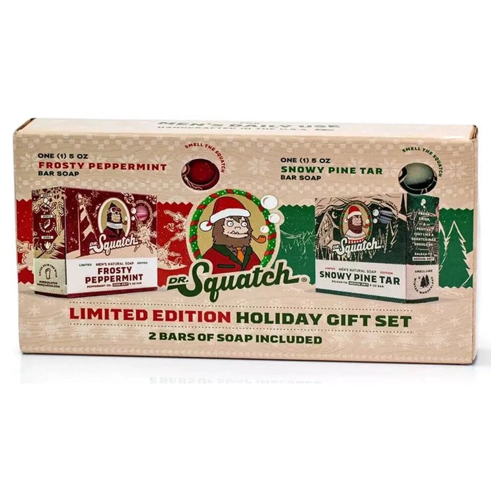 Dr. Squatch Limited Edition Holiday Gift Set with two bar soaps – Frosty Peppermint and Snowy Pine Tar.