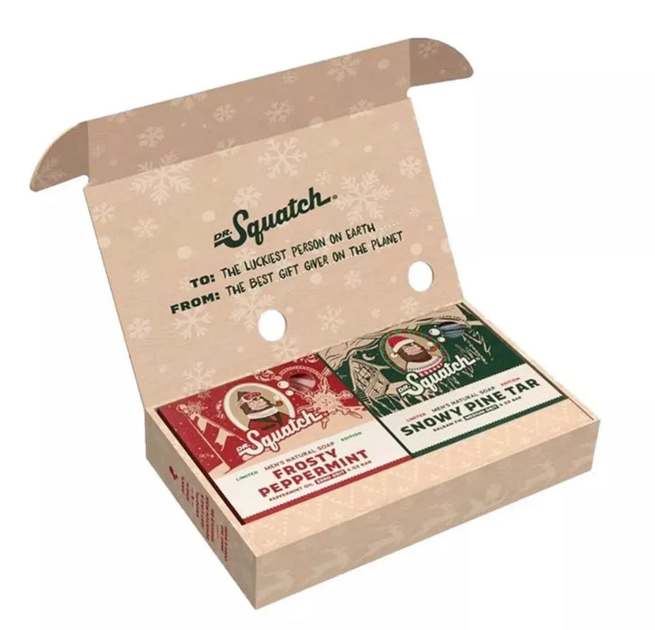 Dr. Squatch Peppermint and Pine Bar Soap Gift Set open box showing Frosty Peppermint and Snowy Pine Tar bars.