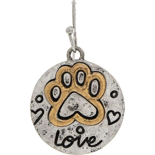 Rain Jewelry Two Tone Dog Paw Love Earring featuring an oxidized silver love coin design, raised 3D dog paw detail, and comfortable French wire hooks.