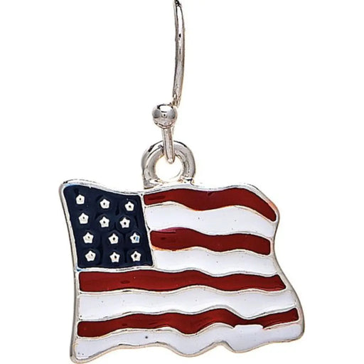 Rain Jewelry Silver Waving American Flag Earring featuring a detailed red, white, and blue waving American flag design with lightweight French wire hooks.
