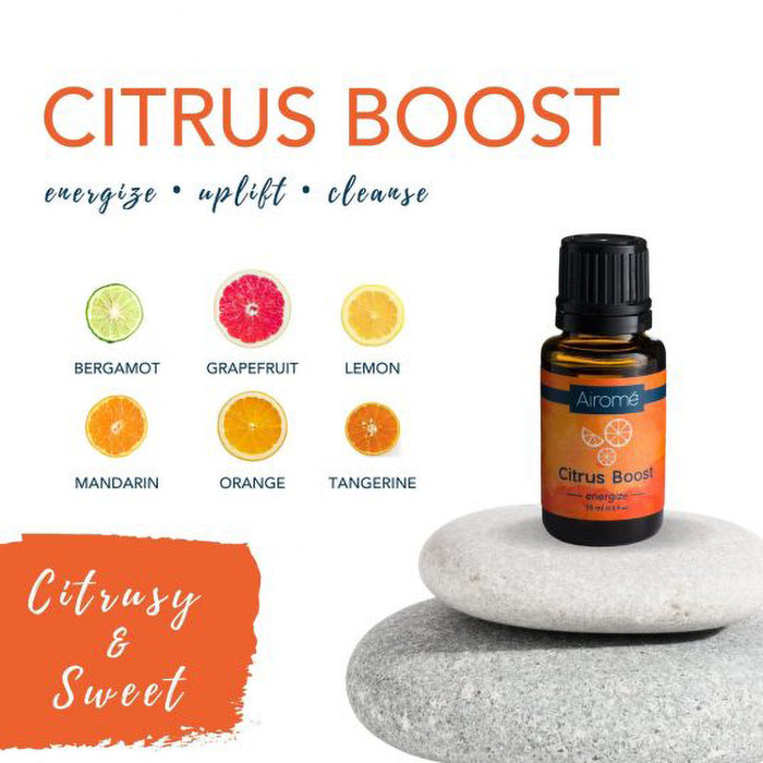 Airoma Citrus Boost essential oil bottle on a stone with citrus fruit icons and text on a white background