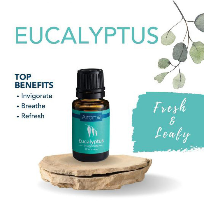 Eucalyptus essential oil bottle with top benefits listed on a white background