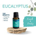 Eucalyptus essential oil bottle with top benefits listed on a white background