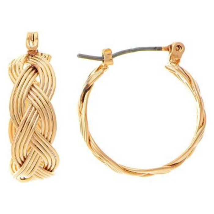 Rain Jewelry Brass Wire Braid Hoop Earring featuring an intricate woven brass wire design, lightweight hoop silhouette, and a choice of gold or silver finish.
