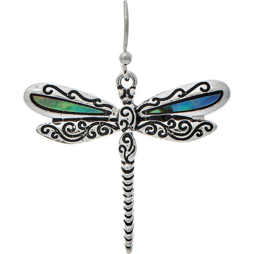 Rain Jewelry silver dragonfly earrings featuring iridescent abalone inlay and silver-tone detailing.