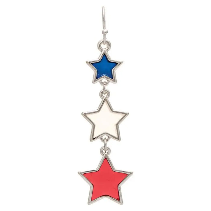 Rain Jewelry Silver Triple Star Red White and Blue Americana Earrings – Patriotic Star Dangle Earrings for Women