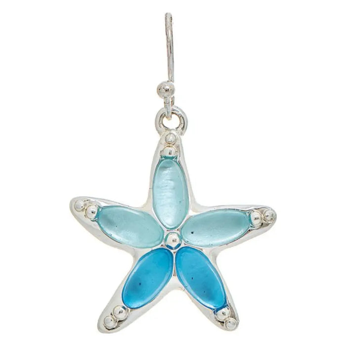 Rain Jewelry Silver Hues of Blue Inlaid Enamel Starfish Earrings featuring vibrant blue enamel, polished silver finish, coastal-inspired starfish design, and lightweight comfort.