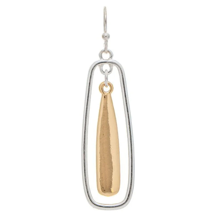 Rain Jewelry Two Tone Dangle Bar-in-Bar Earrings featuring silver and gold finishes, modern geometric design, lightweight comfort, and versatile everyday elegance.