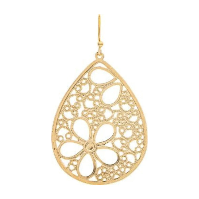 Rain Jewelry Flower Cutout Filigree Teardrop Earrings featuring intricate floral filigree detailing, elegant teardrop shape, gold or silver finish, and lightweight comfort.