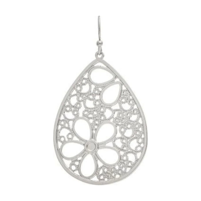 Rain Jewelry Flower Cutout Filigree Teardrop Earrings featuring intricate floral filigree detailing, elegant teardrop shape, gold or silver finish, and lightweight comfort.