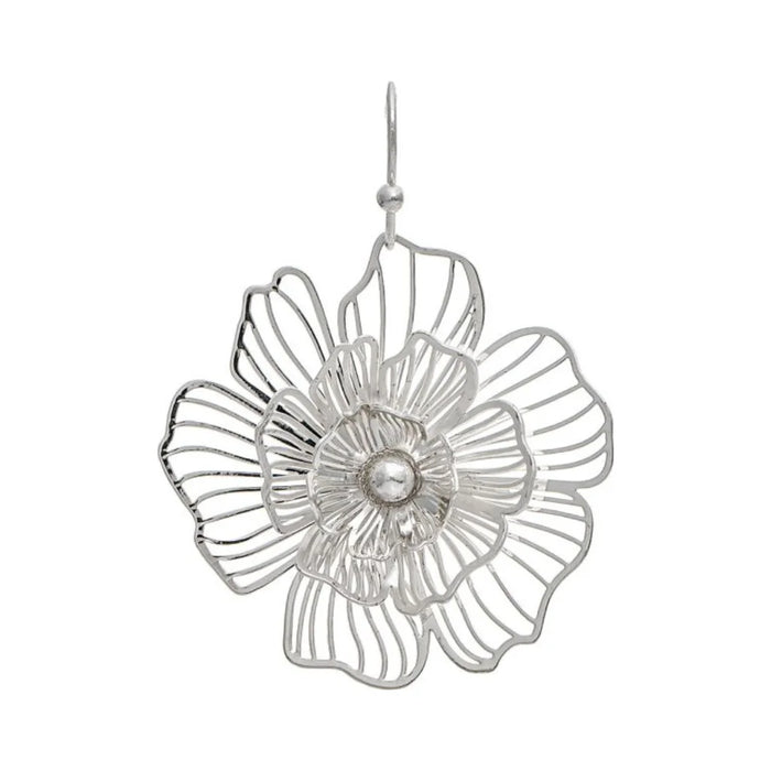 Rain Jewelry Silver Laser Cut 3D Flower Earrings featuring precision laser-cut petals, dimensional floral design, polished silver-tone finish, and lightweight comfort.