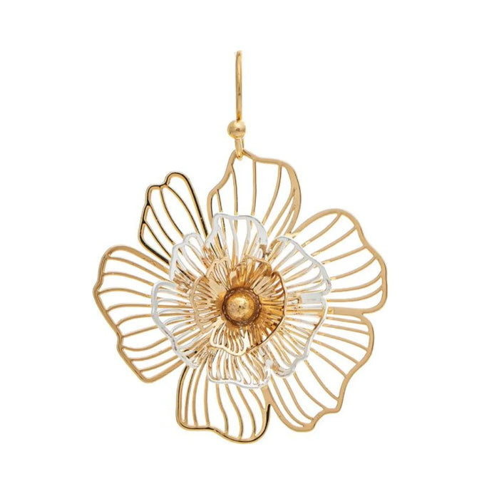 Rain Jewelry Laser Cut 3D Flower Earrings featuring intricate laser-cut floral detailing, dimensional flower design, gold or silver finish, and lightweight all-day comfort.