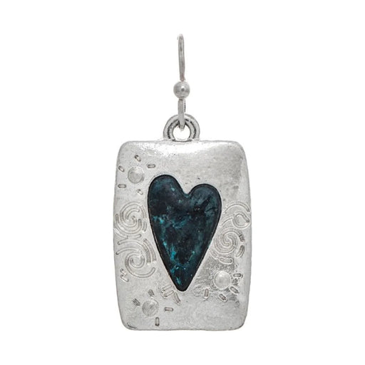 Rain Jewelry Silver Engraved Swirl Rectangle Patina Heart Earrings featuring Celtic swirl engraving, two-tone silver and patina finish, heart motif, and lightweight artisan craftsmanship.