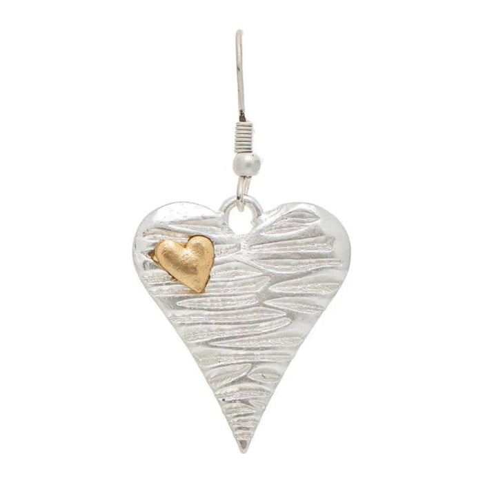 Rain Jewelry Silver Lined Heart and Gold Accent Heart Earrings featuring a dual-tone heart design, polished silver and gold finishes, lightweight comfort, and elegant everyday style.