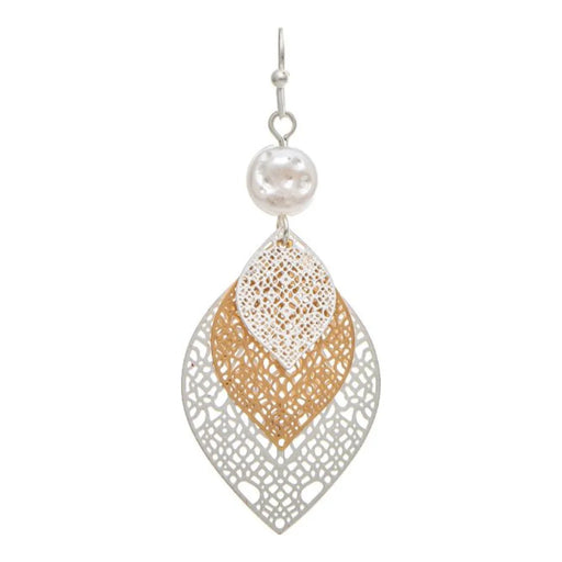 Rain Jewelry Two Tone Layered Laser Cut Filigree Leaves Earrings featuring intricate leaf-shaped filigree, gold and silver tones, lightweight comfort, and elegant nature-inspired style.