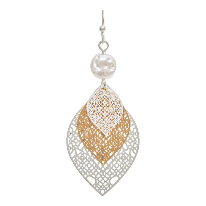 Rain Jewelry Two Tone Layered Laser Cut Filigree Leaves Earrings featuring intricate leaf-shaped filigree, gold and silver tones, lightweight comfort, and elegant nature-inspired style.