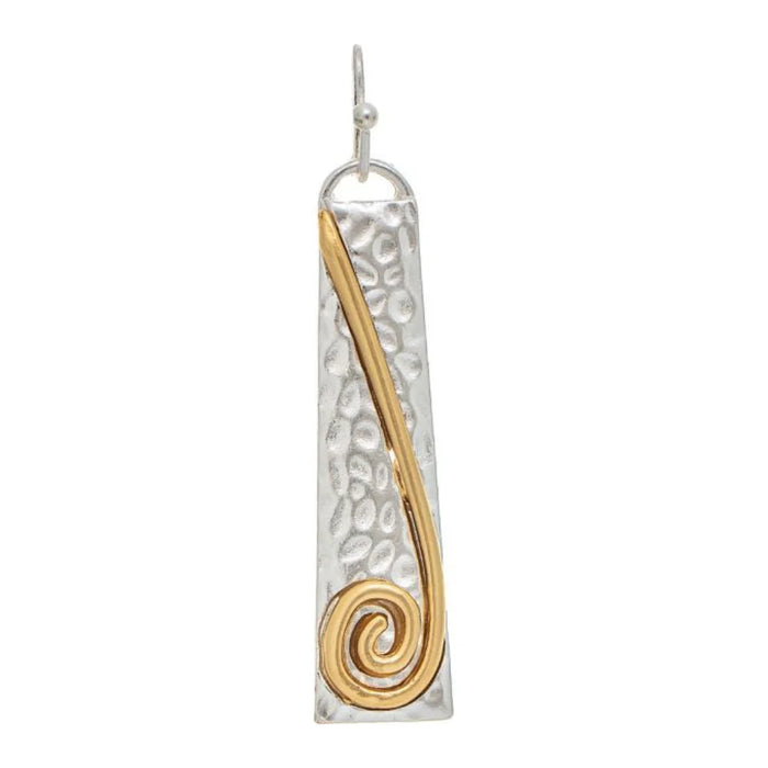 Rain Jewelry Silver Textured Bar Gold Curl Line Earrings featuring a brushed silver bar, elegant gold curl accent, two-tone design, and lightweight contemporary style.