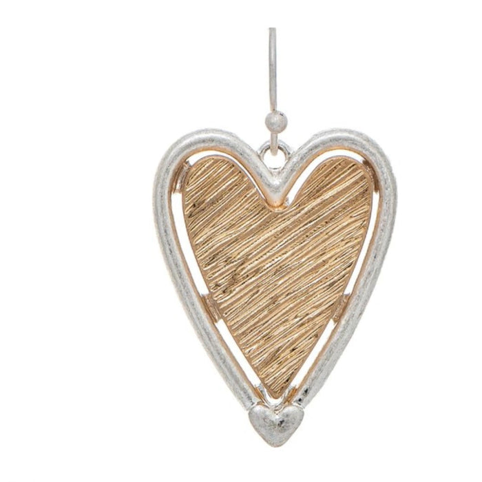Rain Jewelry Gold Engraved Lines Heart Silver Frame Earrings with engraved gold-tone hearts framed by polished silver-tone borders in an elegant two-tone design.